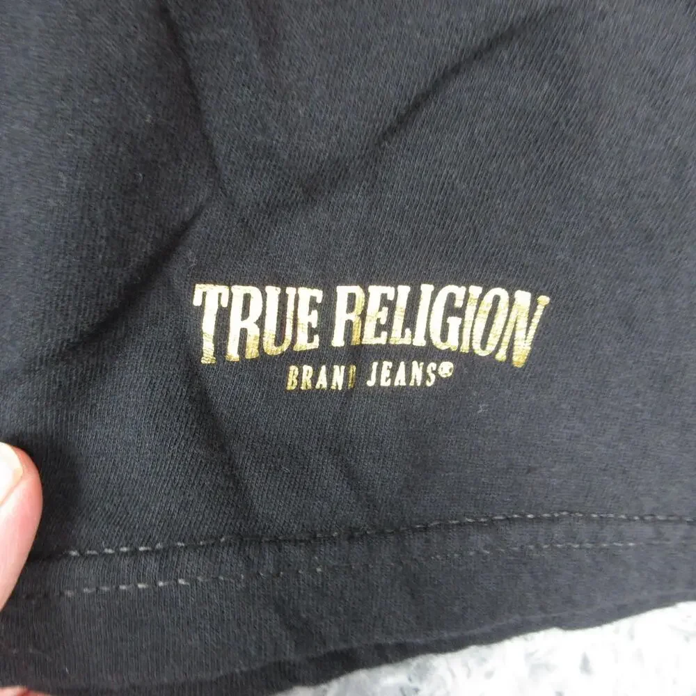 True Religion Shirt Mens Large Black Gold Foil Horseshoe Logo Graphic Cotton